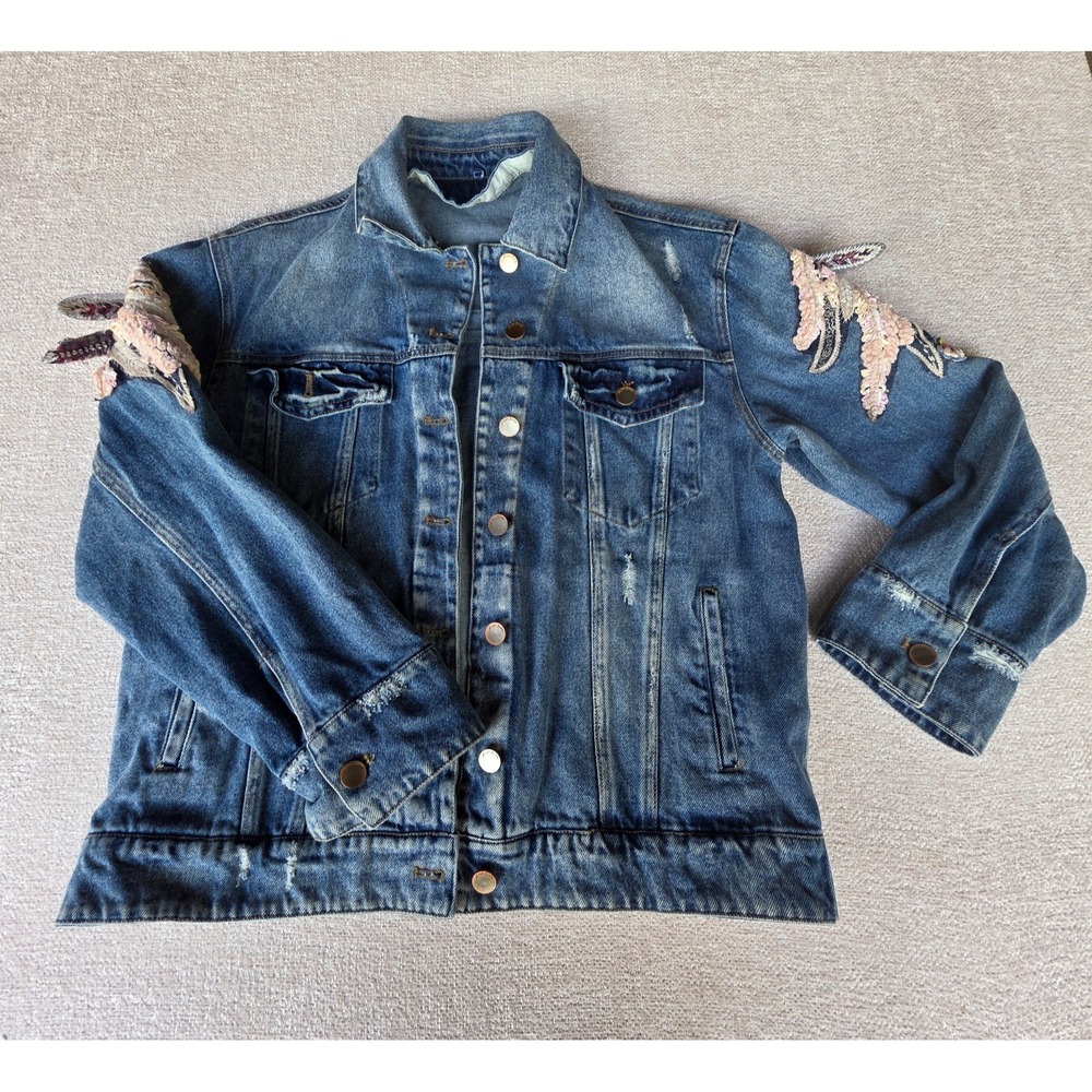 Miss Sixty Denim Trucker Jacket Women S Blue Embroidered Distressed Cotton
